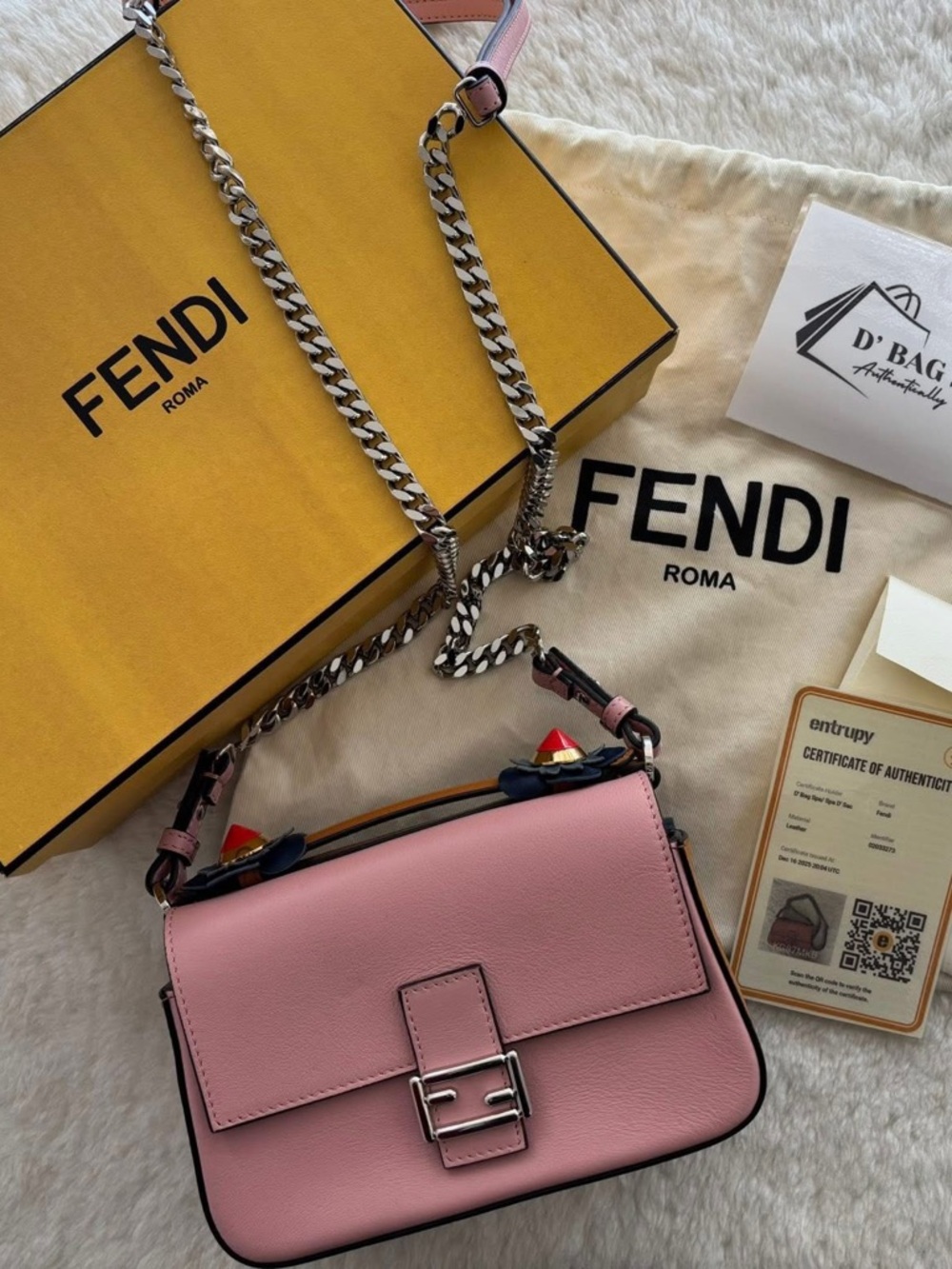Fendi Pink, Blue Leather Crossbody with Silver Chain and Multicolor Accents